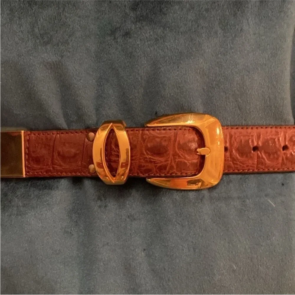 Nanny Brown genuine alligator/ gold metal Belt with Gold Buckle, L 30 inch